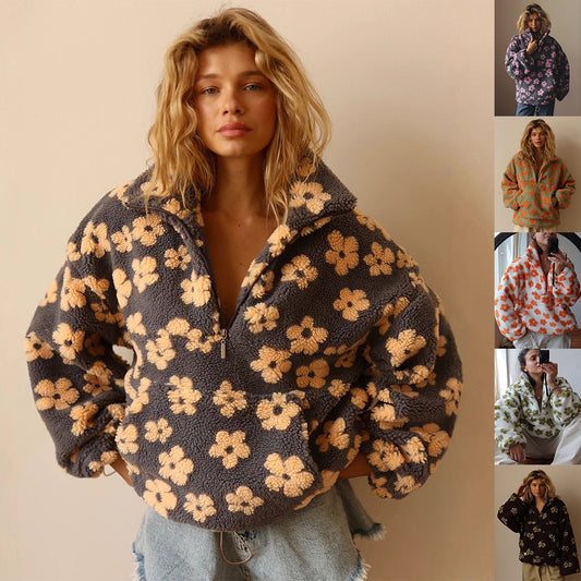 Women's Floral Fleece Zip Lapel Pullover with Big Pocket