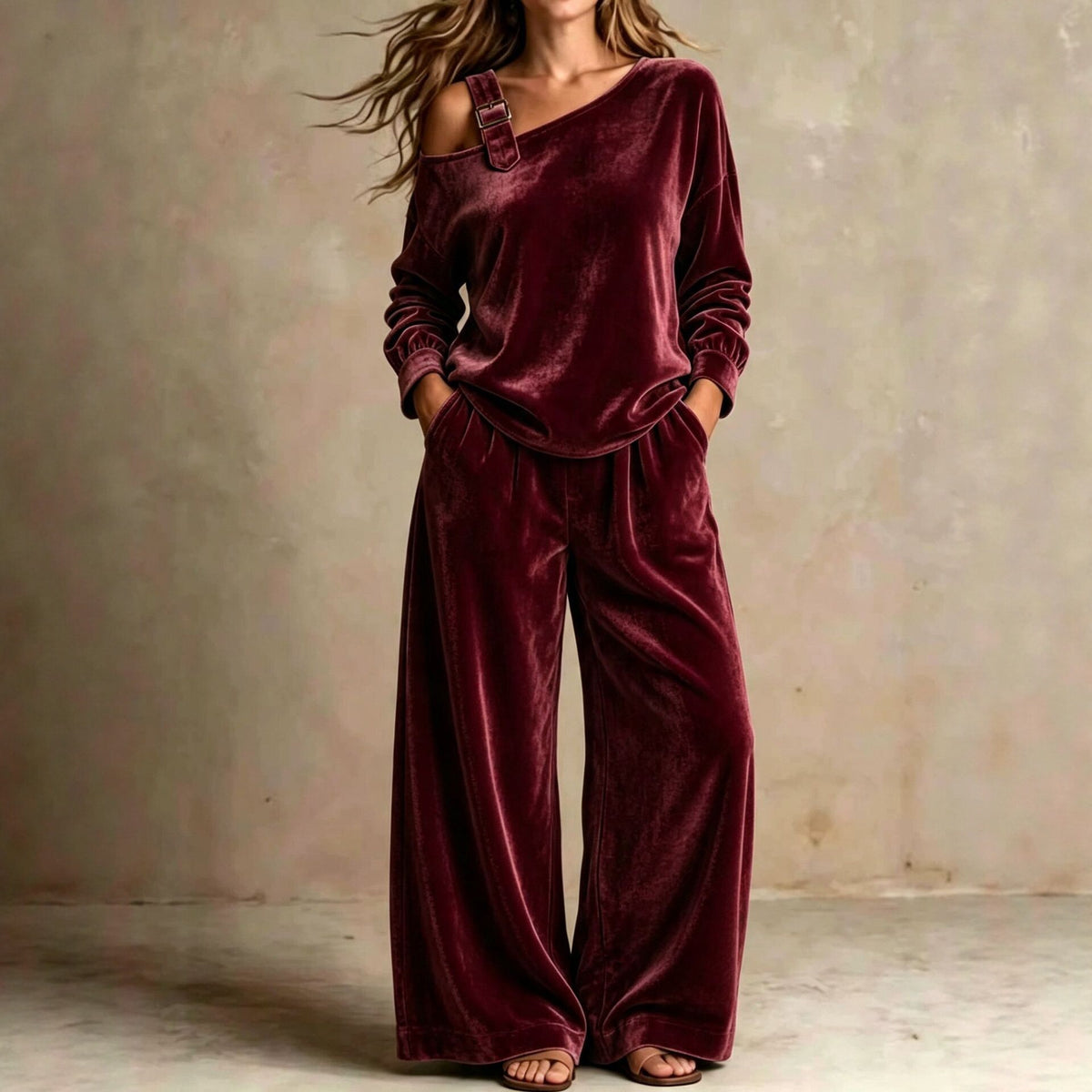 Women's Off-Shoulder Velvet Two-Piece Set with Pants (photo 4)