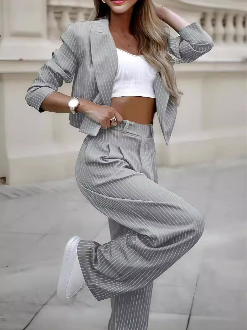 Women's Striped Lapel Crop Top and Straight Pants Set (photo 6)