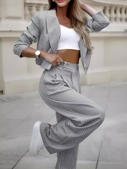 Women's Striped Lapel Crop Top and Straight Pants Set (photo 6)
