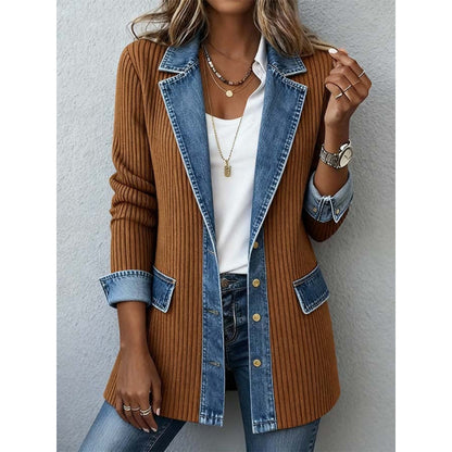 Women's Patchwork Button-Down Shirt Jacket with Lapel Collar (photo 6)