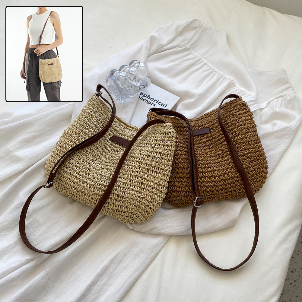 Woven Straw Tote Bag with Zipper