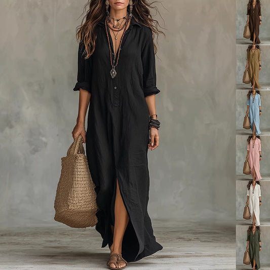 Women's Lapel-Collar Shirt Dress with Side Slit