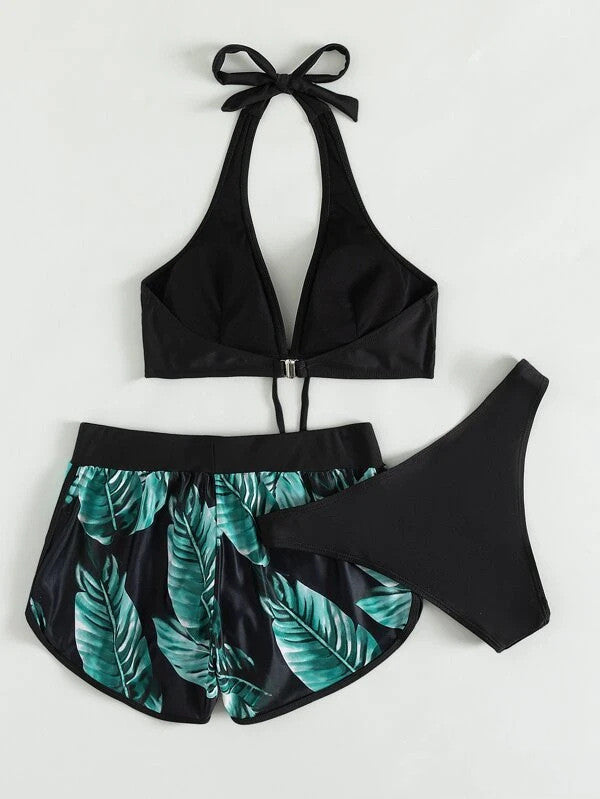 Women's 3-Piece Leaf Print Bikini with Shorts (photo 7)