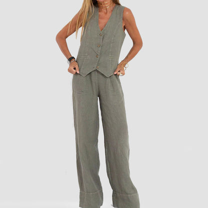 Women's Sleeveless V-Neck Vest and Straight Pants Set (photo 6)