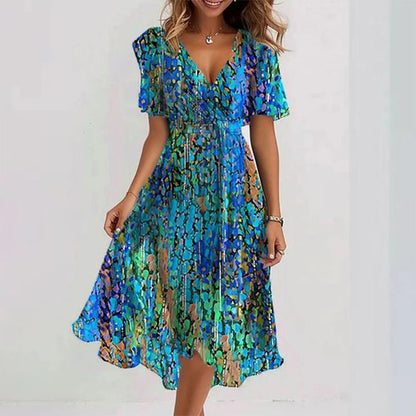 Women's Printed Chiffon V-Neck Short-Sleeve Dress (photo 4)