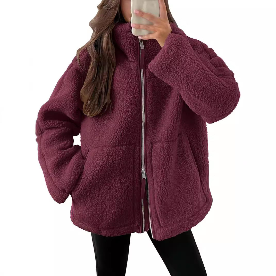Women's Lapel Zip-Up Fleece Coat with Pockets (photo 6)