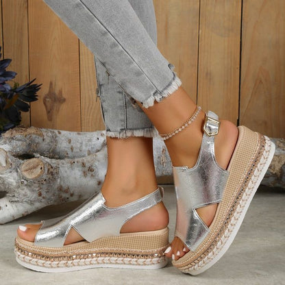 Women's Metallic Peep-Toe Buckle Wedge Sandals (photo 6)
