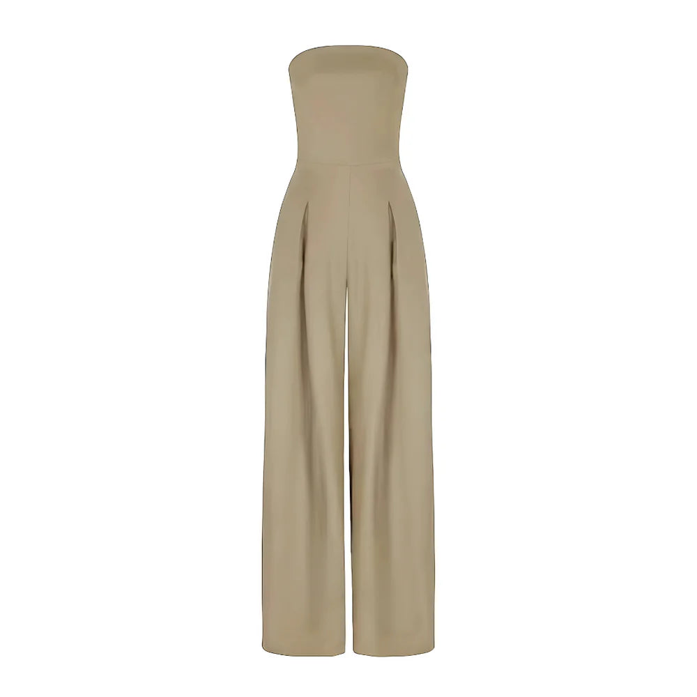 Taupe strapless wide-leg jumpsuit on a white background