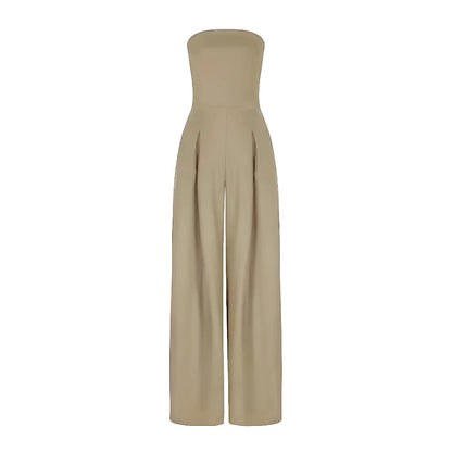Taupe strapless wide-leg jumpsuit on a white background