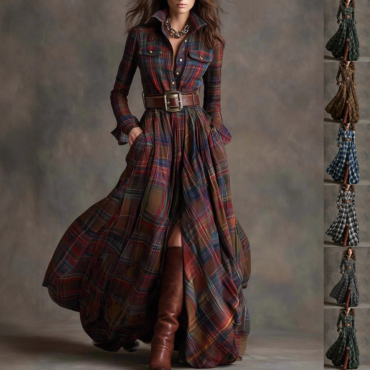 Women's Plaid Long-Sleeve Shirt Dress with Pockets