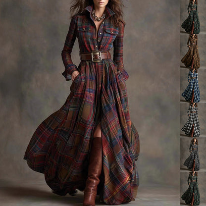 Women's Plaid Long-Sleeve Shirt Dress with Pockets