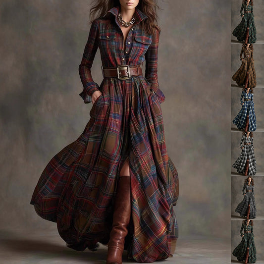 Women's Plaid Long-Sleeve Shirt Dress with Pockets