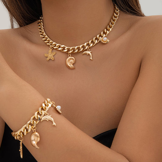 Boho Ocean Charm Choker Necklace and Bracelet