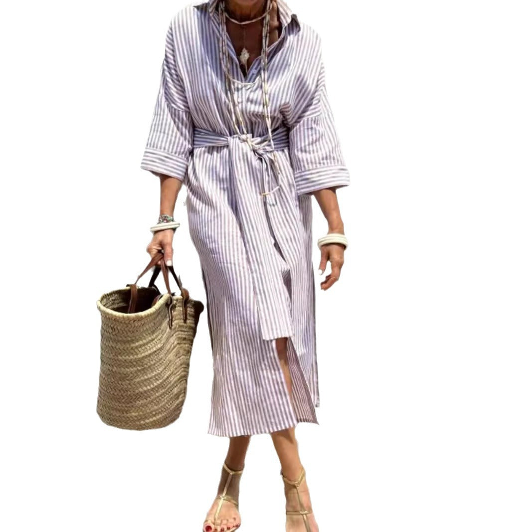 Women's Striped Half-Sleeve Shirt Dress with Belt (photo 17)