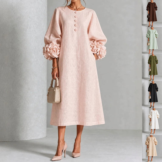 Women's A-Line Midi Dress with 3D Floral Details and Puff Sleeves