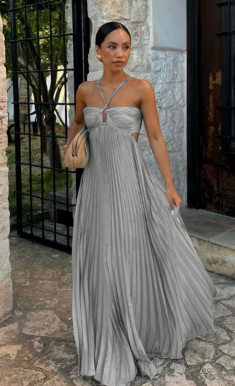Women's Pleated Halter Maxi Dress with Cut-Out Detail (photo 17)