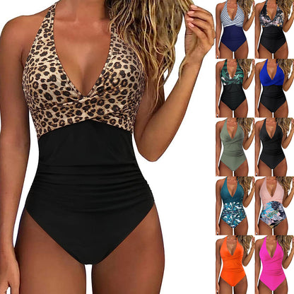 Women's V-Neck One-Piece Swimsuit, Prints and Solid Colors