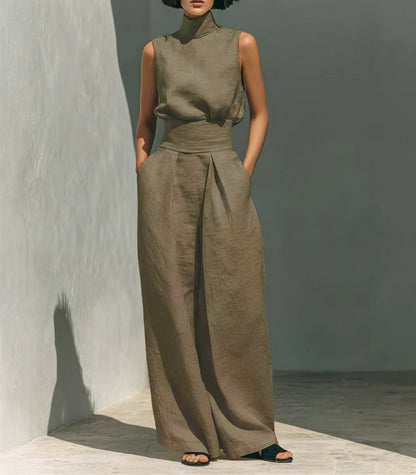 Women's Sleeveless Stand-Collar Top and Wide Pants Set (photo 18)