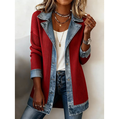 Women's Patchwork Button-Down Shirt Jacket with Lapel Collar (photo 8)