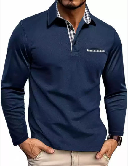 Men's Plaid-Panel Lapel Long-Sleeve Polo Shirt (photo 9)