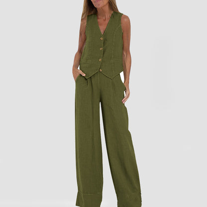 Women's Sleeveless V-Neck Vest and Straight Pants Set (photo 10)