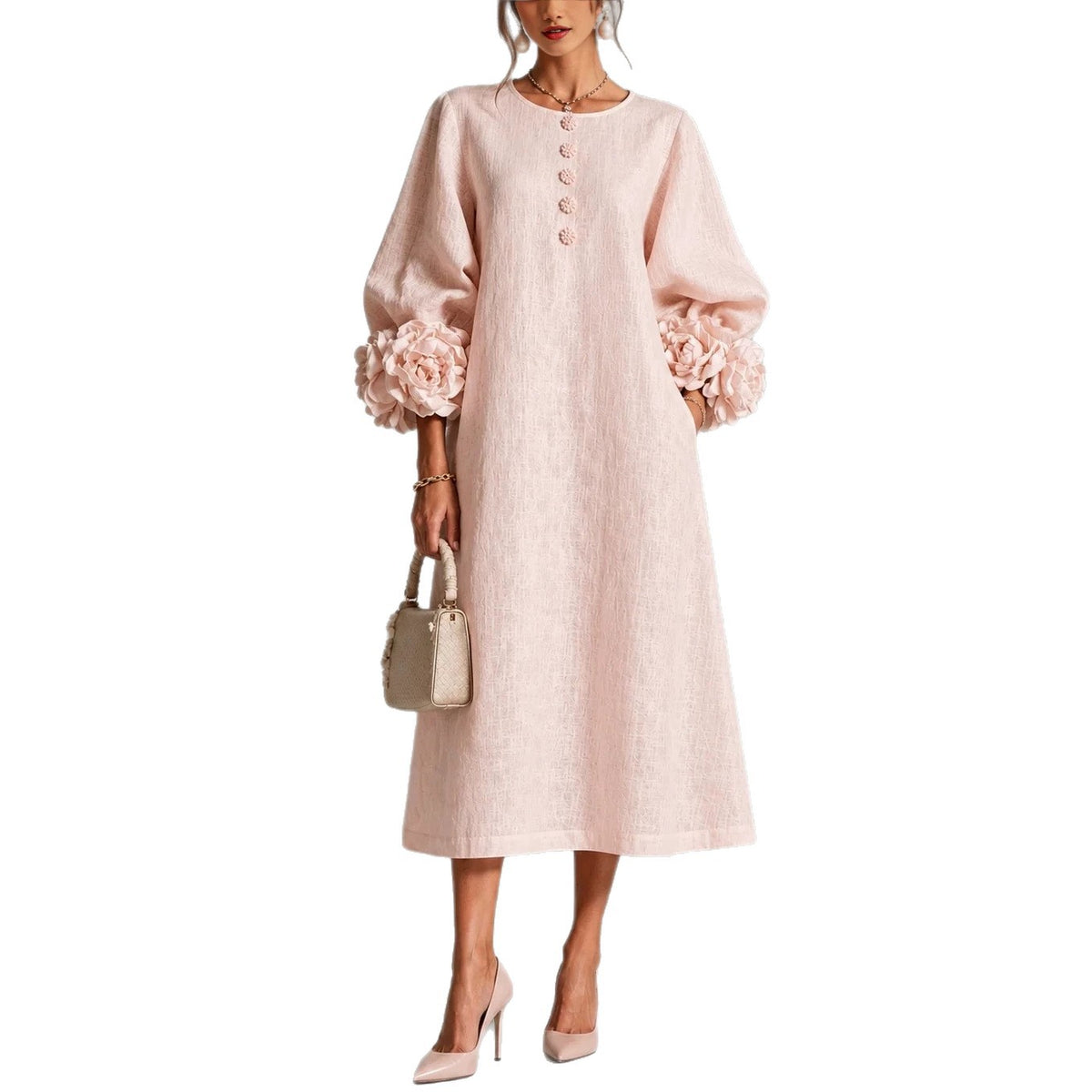 Women's A-Line Midi Dress with 3D Floral Details and Puff Sleeves (photo 12)