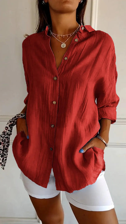 Women's Lapel Long-Sleeve Pleated Button-Front Shirt (photo 10)