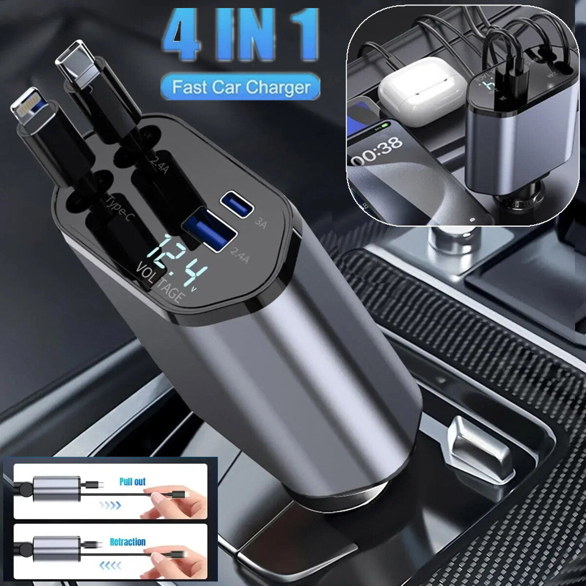 4-in-1 Retractable Car Charger with Built-In Cables