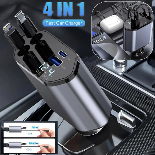 4-in-1 Retractable Car Charger with Built-In Cables