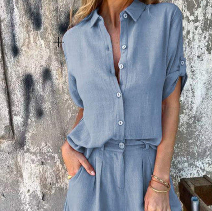 Women's Short-Sleeve Lapel Shirt and Shorts Set (photo 4)