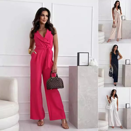 Women's V-Neck Sleeveless Jumpsuit with Belt
