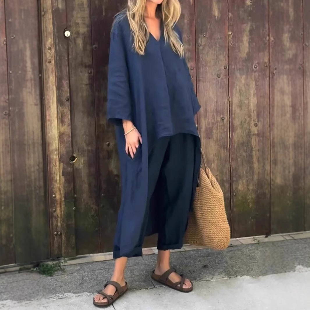 Women's Long V-Neck Top and Wide-Leg Pants Set (photo 2)