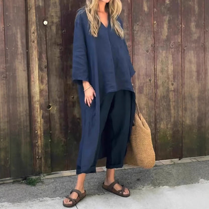 Women's Long V-Neck Top and Wide-Leg Pants Set (photo 2)
