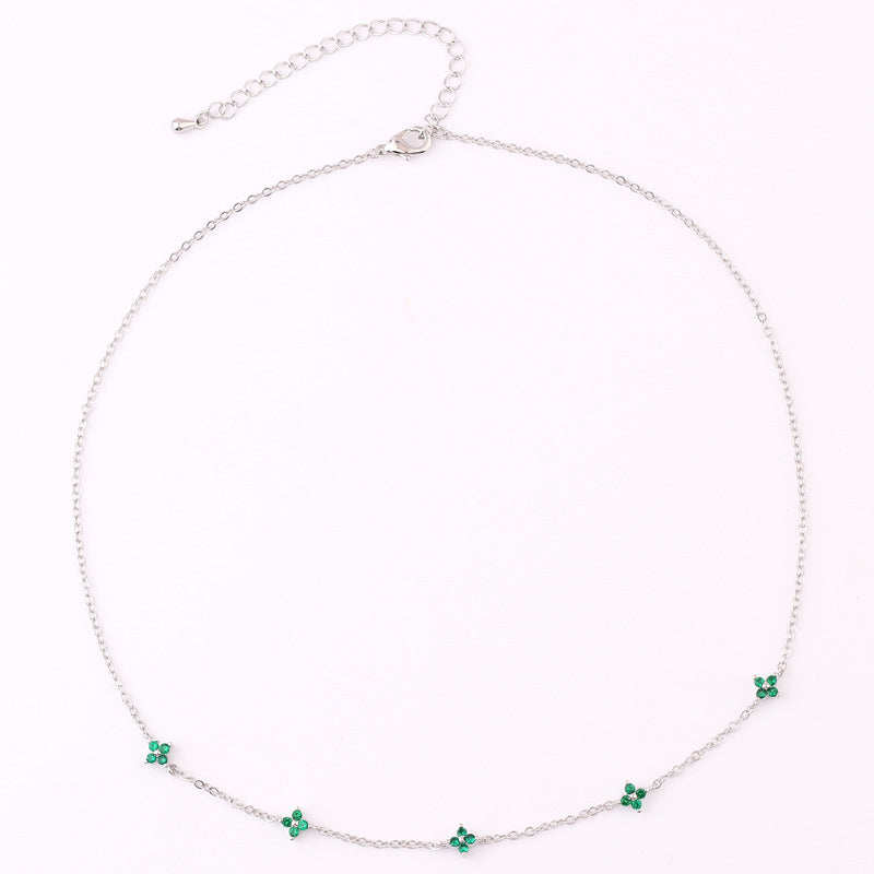 Dainty Flower Station Necklace, Gold or Silver Tone – Silver Tone, Green Flowers