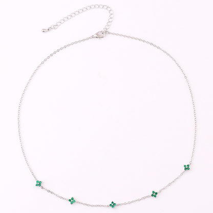 Dainty Flower Station Necklace, Gold or Silver Tone – Silver Tone, Green Flowers