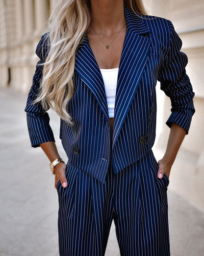 Women's Striped Lapel Crop Top and Straight Pants Set (photo 3)