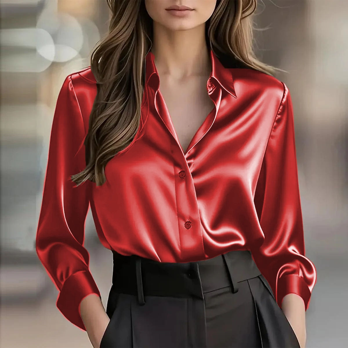 Women's Satin Button-Up Long-Sleeve Blouse (photo 21)