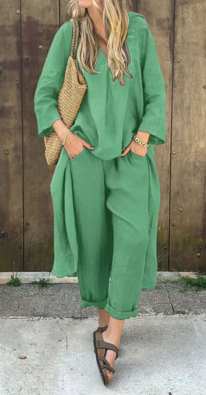 Women's Long V-Neck Top and Wide-Leg Pants Set (photo 8)