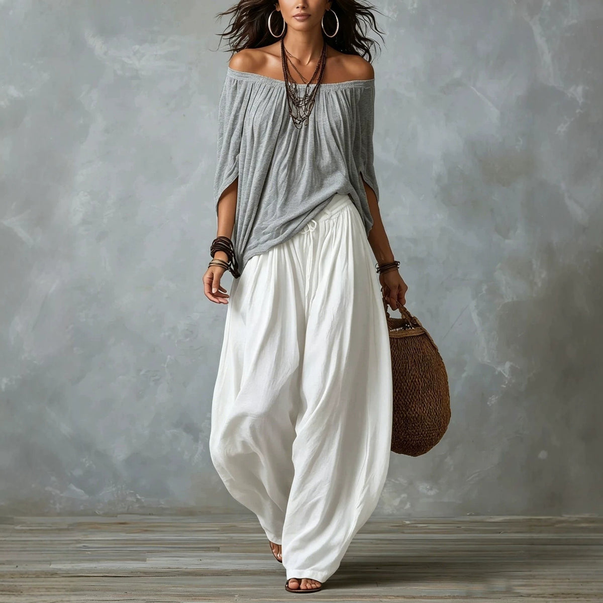 Women's Off-Shoulder Top and Flare Pants Set (photo 4)