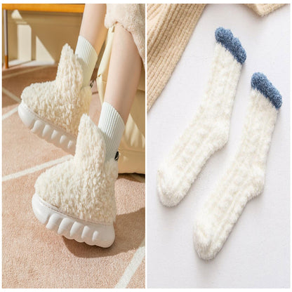 Plush High-Top House Slippers with Thick Sole – White Set