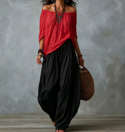 Women's Off-Shoulder Top and Flare Pants Set (photo 13)