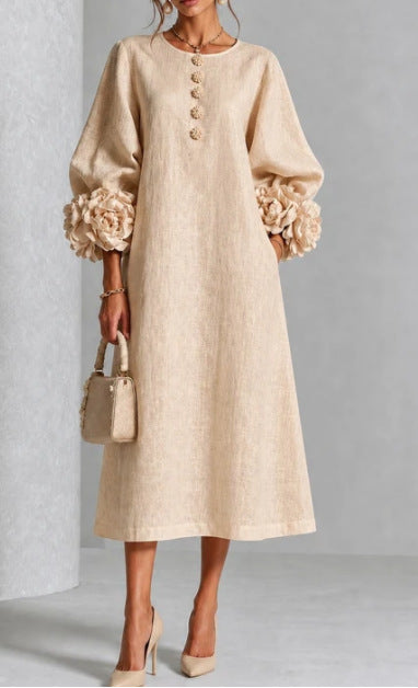 Women's A-Line Midi Dress with 3D Floral Details and Puff Sleeves (photo 7)