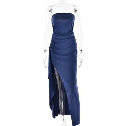 Women's Strapless Pleated Split Maxi Dress (photo 9)