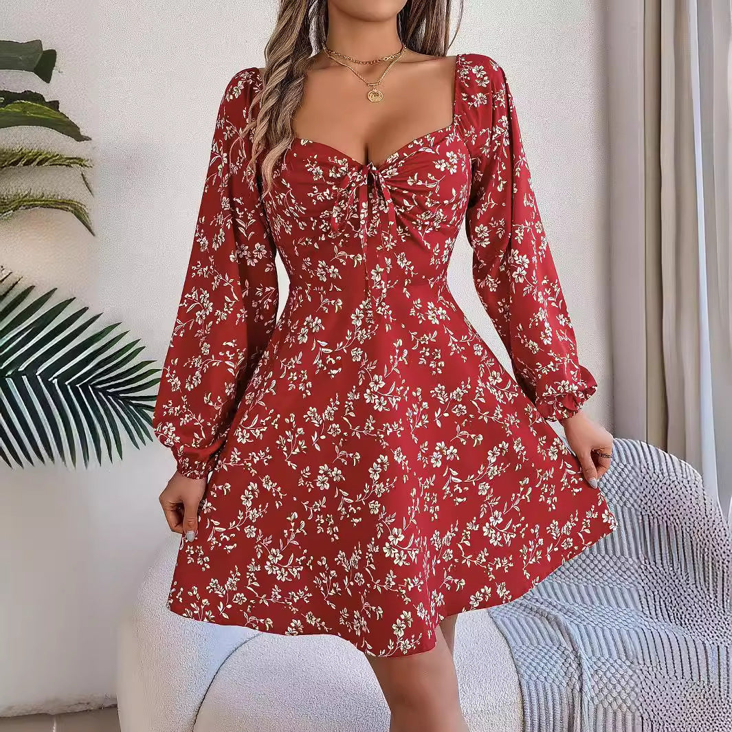 Women's Floral Chiffon Square-Neck Lantern-Sleeve Mini Dress (photo 8)
