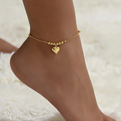 Gold-Tone Heart Pendant Beaded Anklet (photo 2)