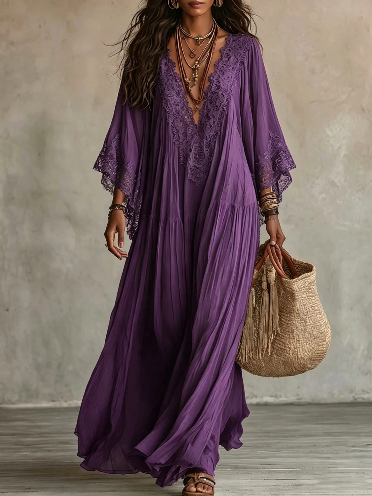 Women's V-Neck Maxi Dress with Lace Trim (photo 12)