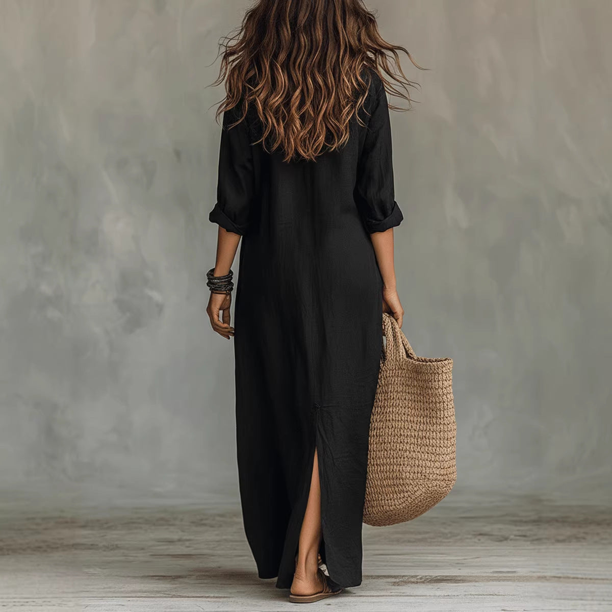 Women's Lapel-Collar Shirt Dress with Side Slit (photo 2)