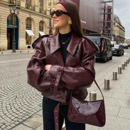 Women's Loose Lapel PU Leather Cropped Jacket