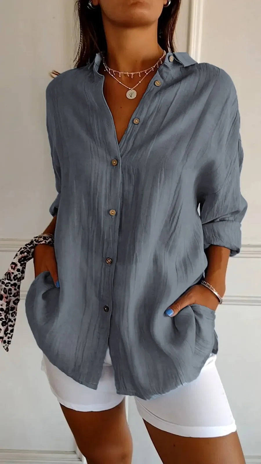 Women's Lapel Long-Sleeve Pleated Button-Front Shirt (photo 9)